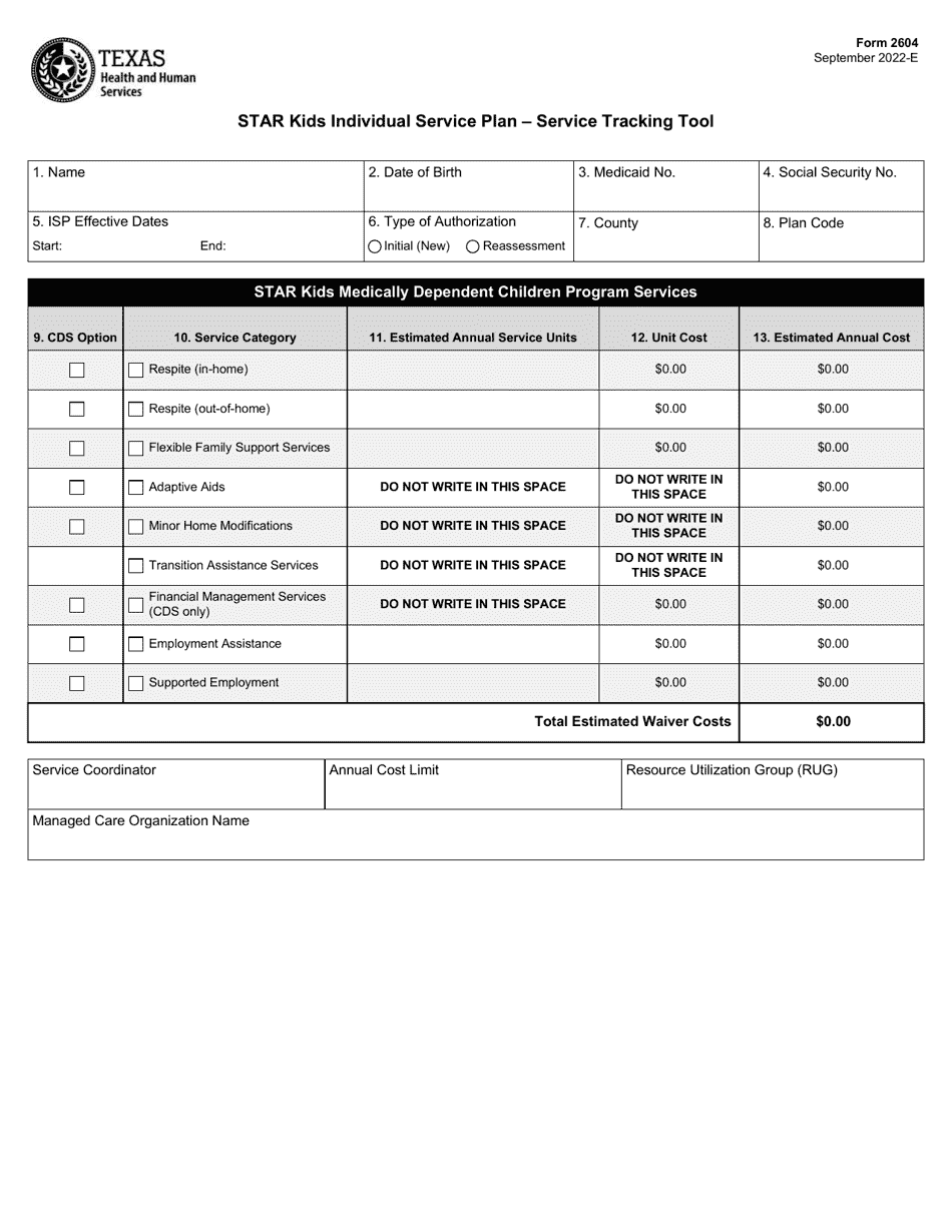 Form 2604 Star Kids Individual Service Plan - Service Tracking Tool - Texas, Page 1