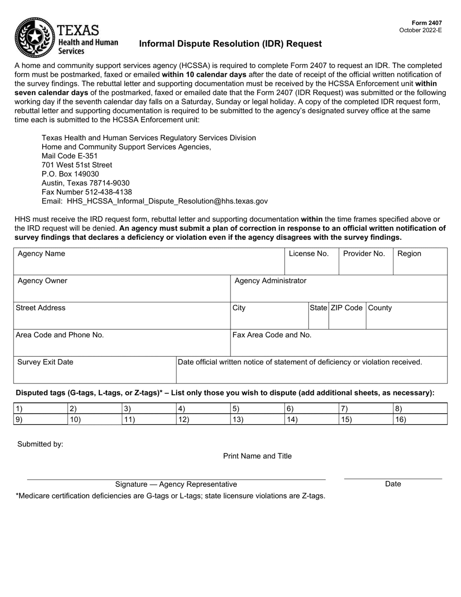 Form 2407 Informal Dispute Resolution (Idr) Request - Texas, Page 1