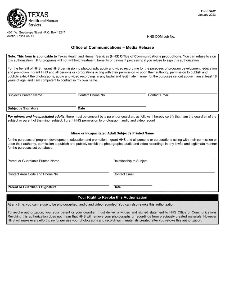 Form 5402 Office of Communications - Media Release - Texas, Page 1