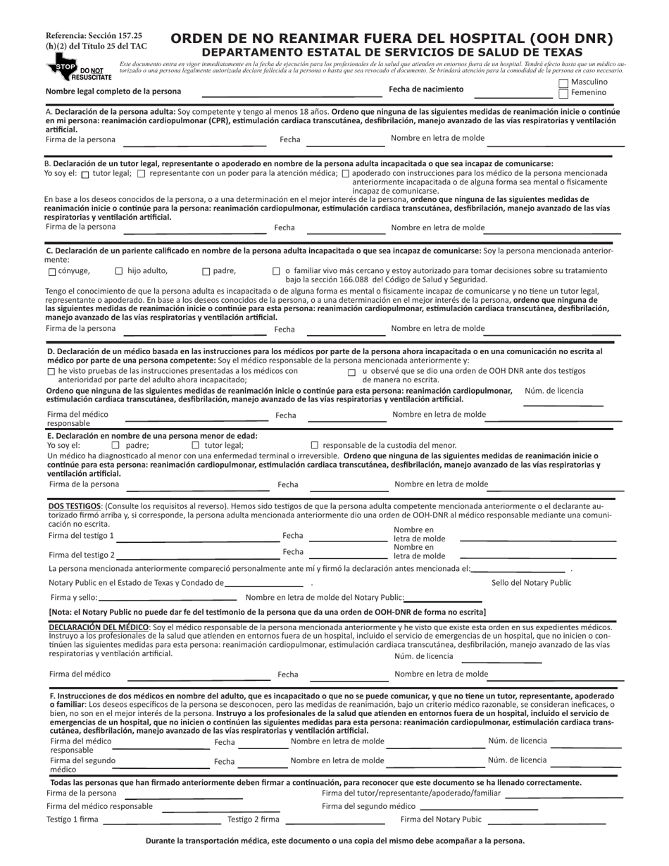 Formulario EF01-11421 Orden De No Reanimar Fuera Del Hospital (Ooh DNR) - Texas (Spanish), Page 1