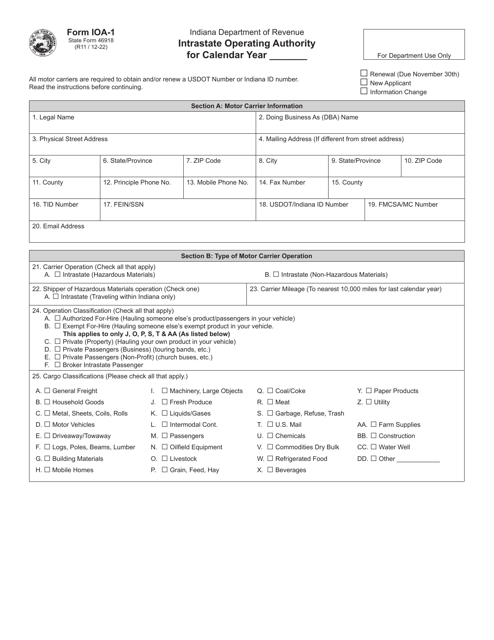 Form IOA-1 (State Form 46918) Intrastate Operating Authority - Indiana