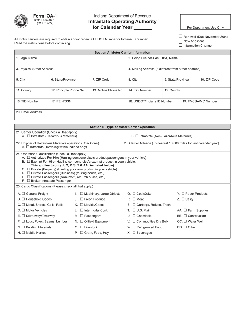 Form IOA-1 (State Form 46918) Intrastate Operating Authority - Indiana, Page 1