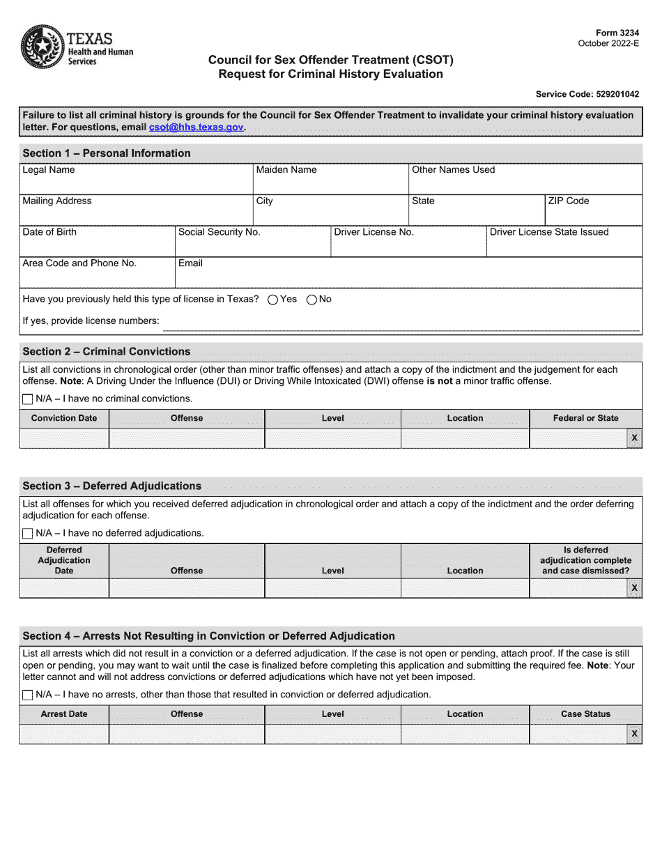 Form 3234 Council for Sex Offender Treatment (Csot) Request for Criminal History Evaluation - Texas, Page 1