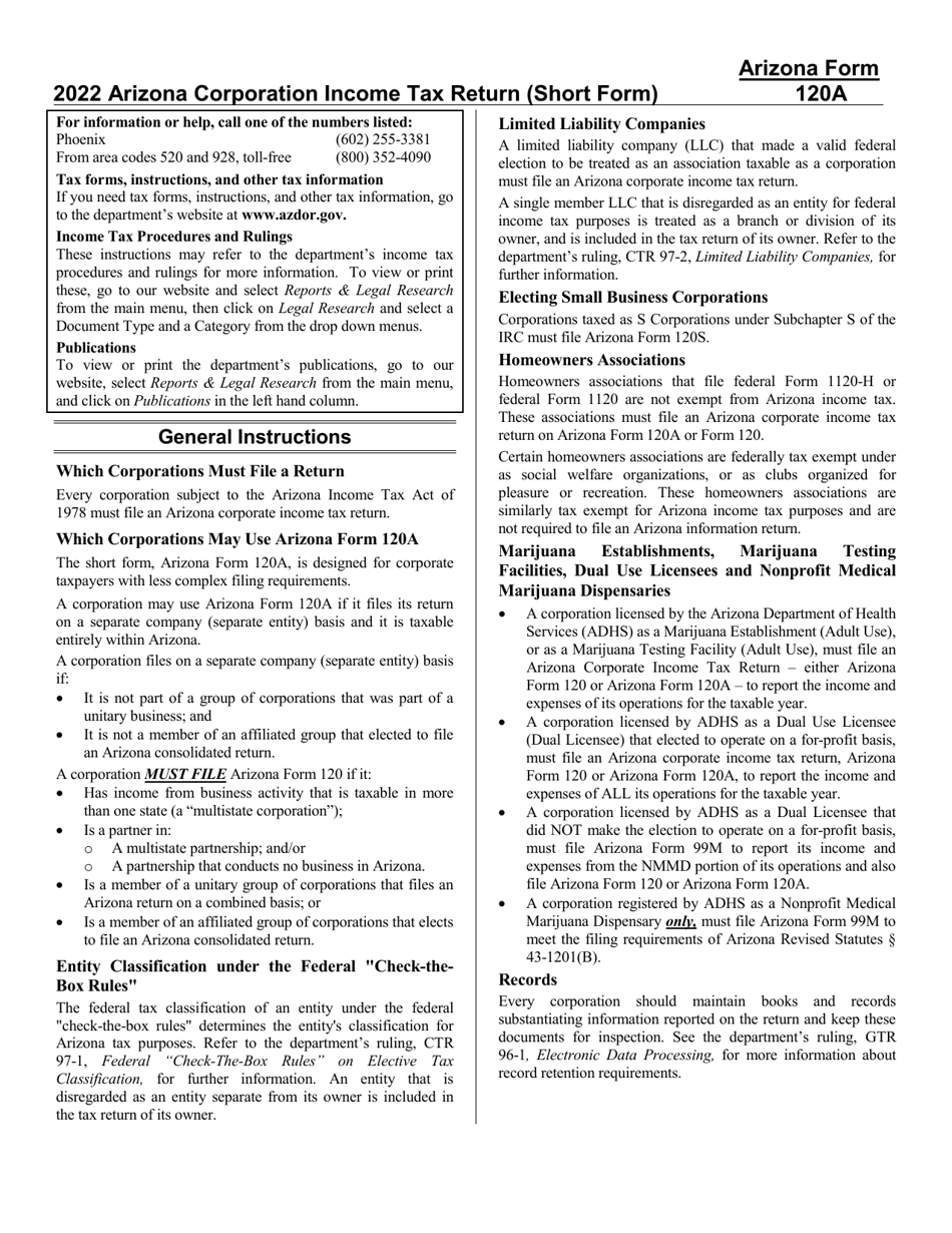 Download Instructions for Arizona Form 120A, ADOR10949 Arizona
