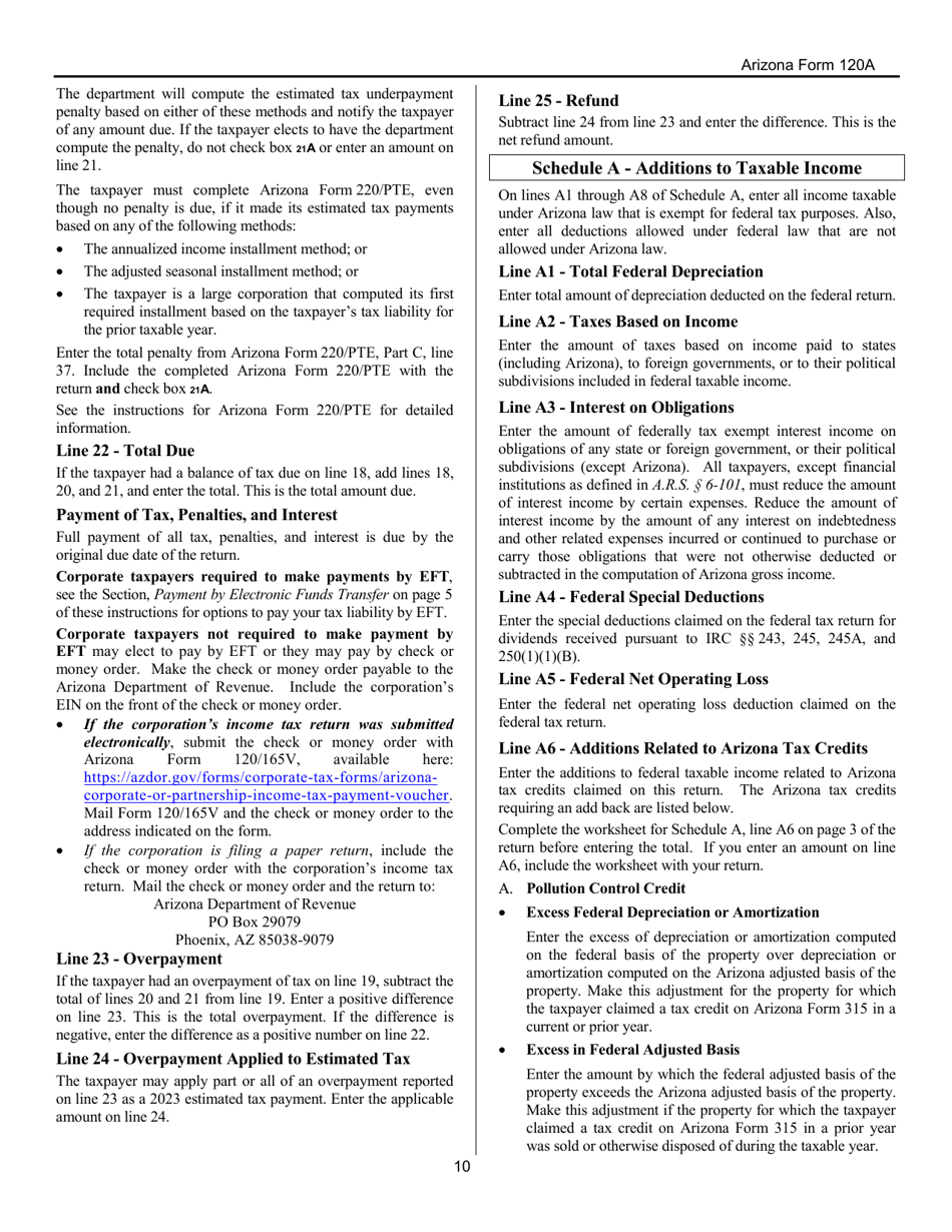Download Instructions for Arizona Form 120A, ADOR10949 Arizona