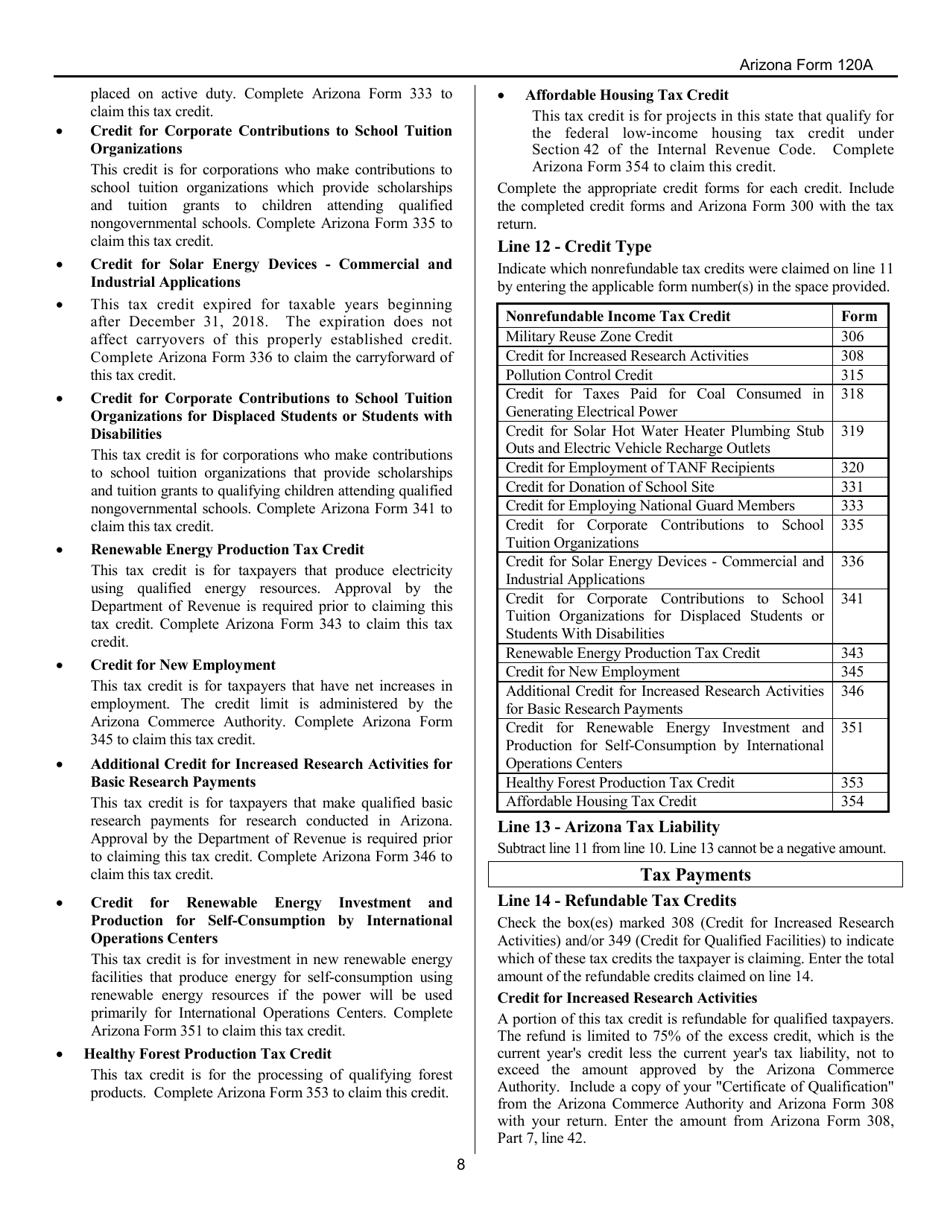 Download Instructions for Arizona Form 120A, ADOR10949 Arizona