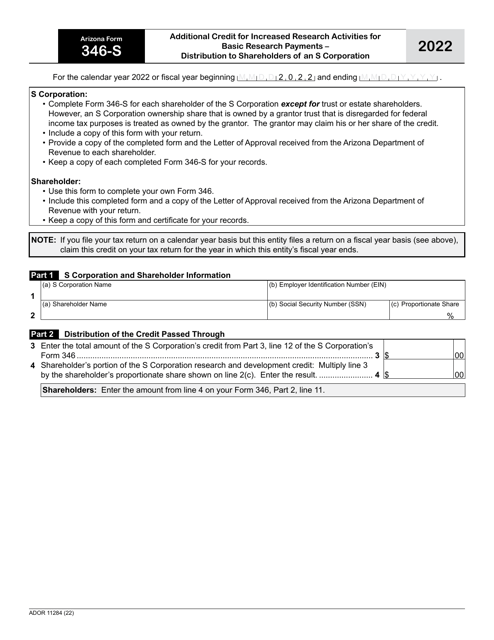 Arizona Form 346-S (ADOR11284) 2022 Printable Pdf