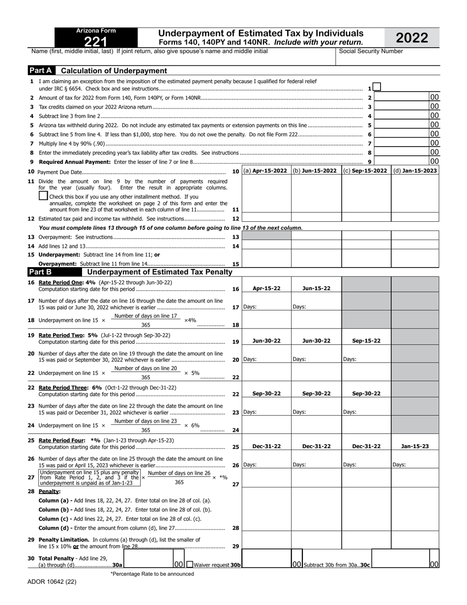 Arizona Form 221 (ADOR10642) Underpayment of Estimated Tax by Individuals - Arizona, Page 1