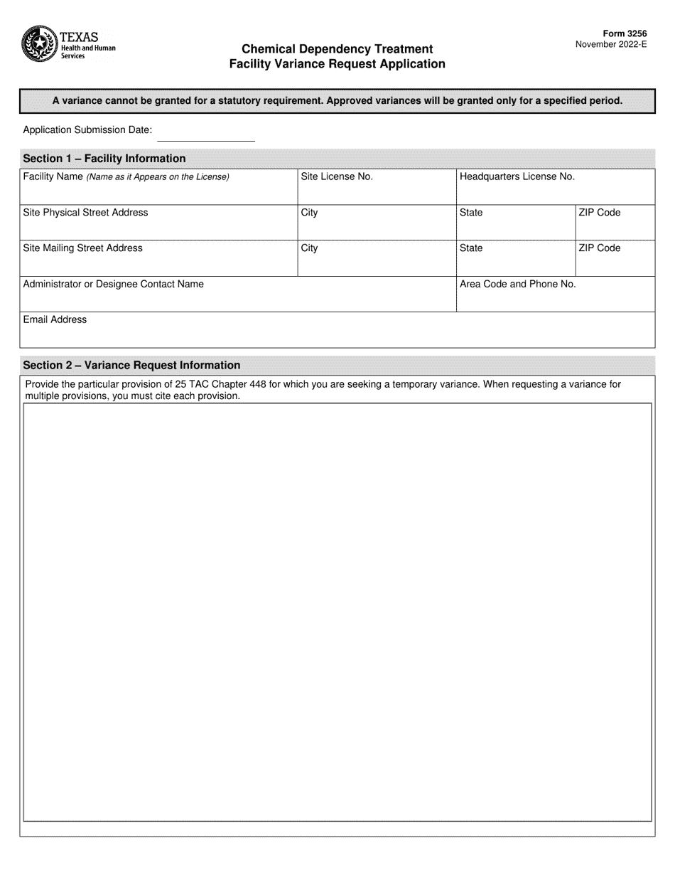 Form 3256 Chemical Dependency Treatment Facility Variance Request Application - Texas, Page 1