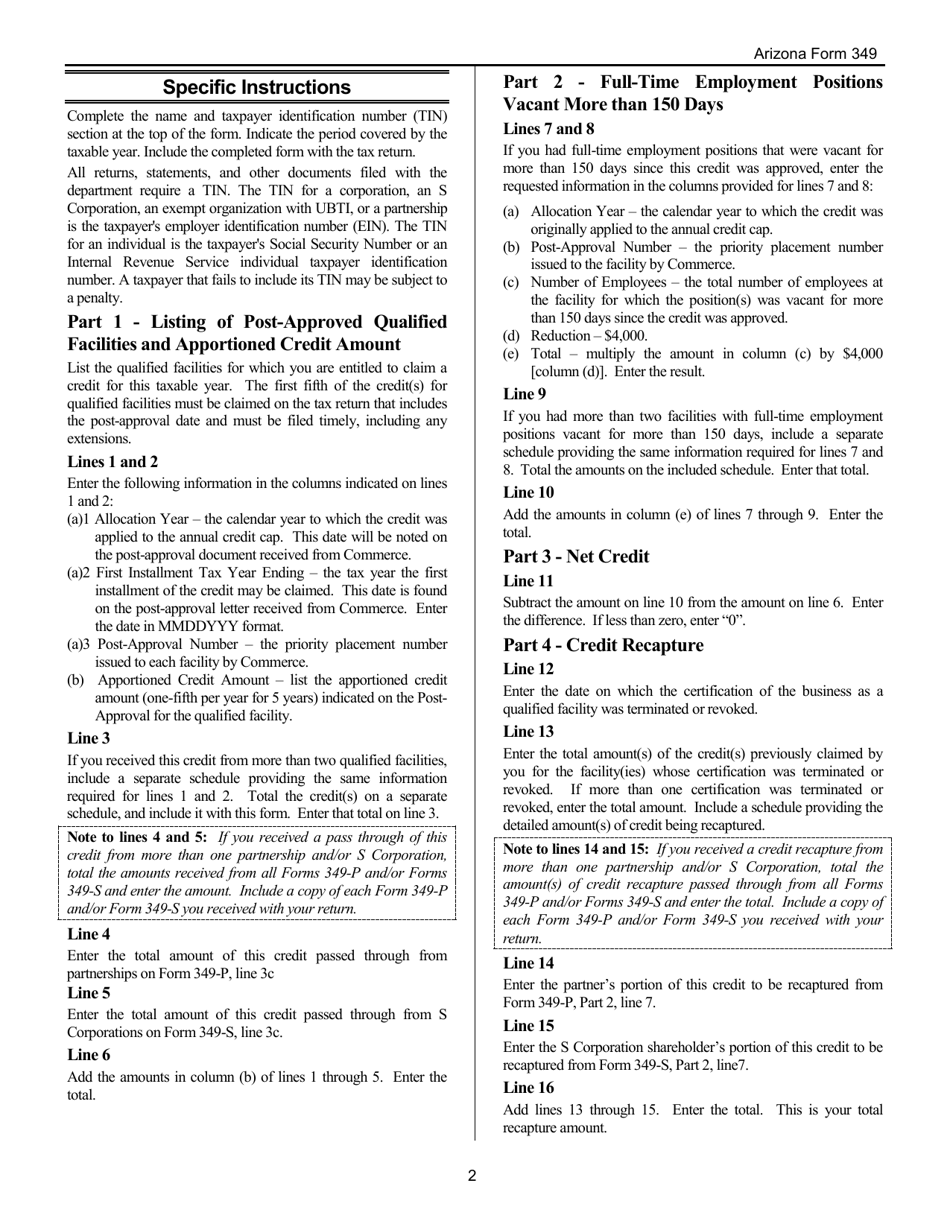 Download Instructions for Arizona Form 349, ADOR11192, Arizona Form 349 ...