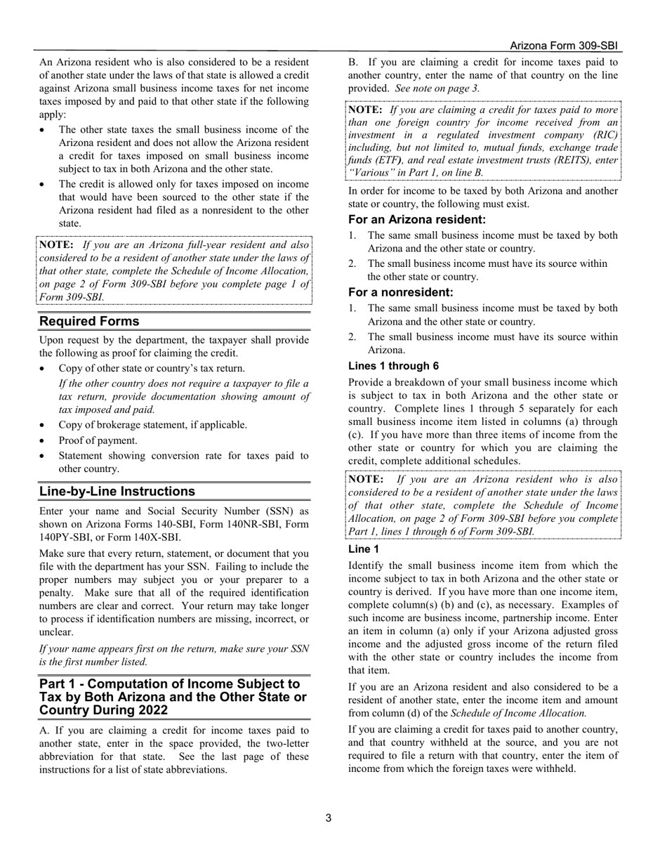 Instructions for Arizona Form 309-SBI, ADOR11406 Credit for Taxes Paid to Another State or Country - Arizona, Page 3
