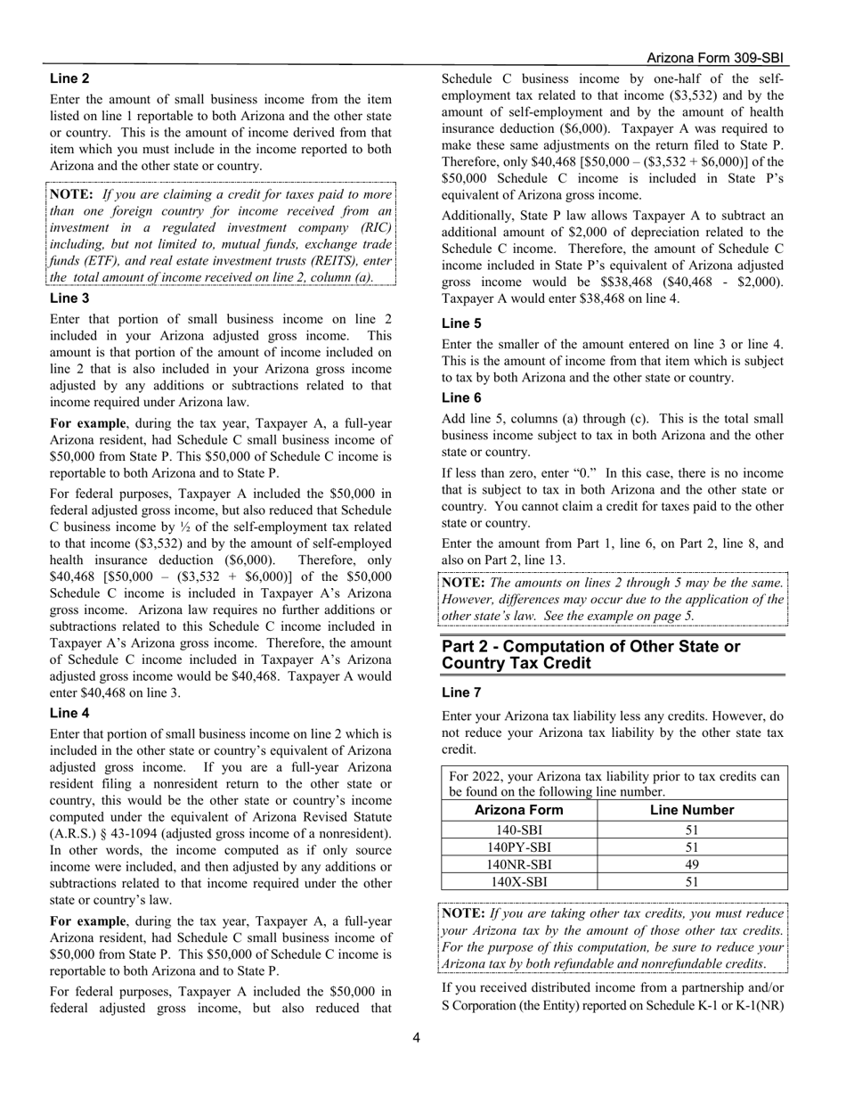 Instructions for Arizona Form 309-SBI, ADOR11406 Credit for Taxes Paid to Another State or Country - Arizona, Page 4