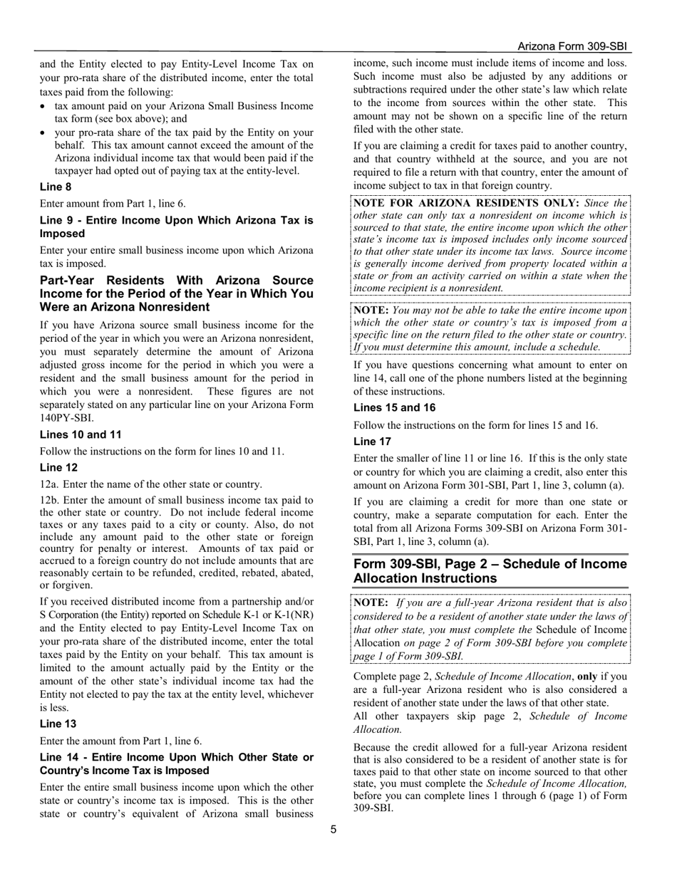 Instructions for Arizona Form 309-SBI, ADOR11406 Credit for Taxes Paid to Another State or Country - Arizona, Page 5