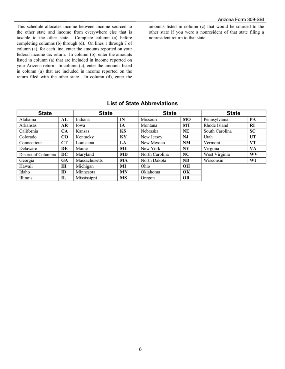 Instructions for Arizona Form 309-SBI, ADOR11406 Credit for Taxes Paid to Another State or Country - Arizona, Page 6