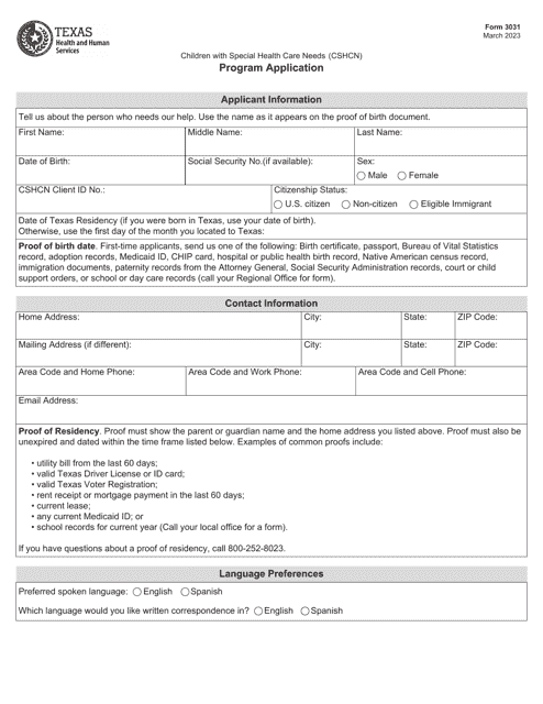 Form 3031 Children With Special Health Care Needs (Cshcn) Program Application - Texas