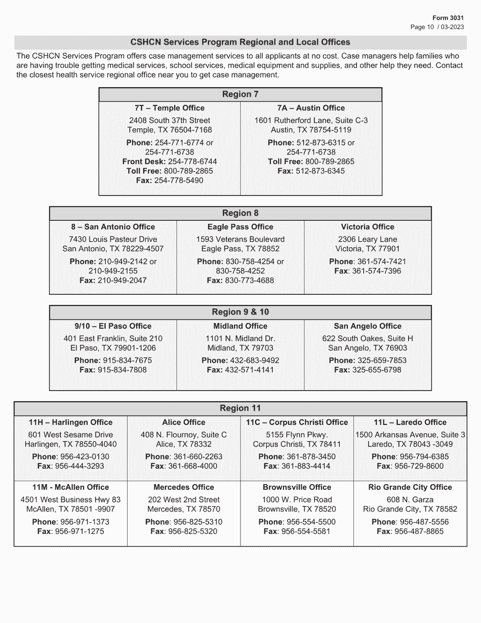 Form 3031 Children With Special Health Care Needs (Cshcn) Program Application - Texas, Page 10