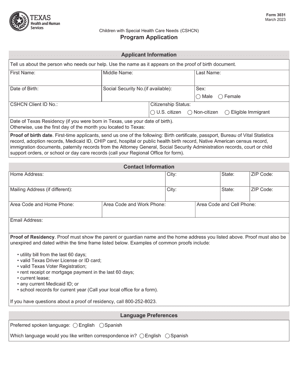 Form 3031 Children With Special Health Care Needs (Cshcn) Program Application - Texas, Page 1