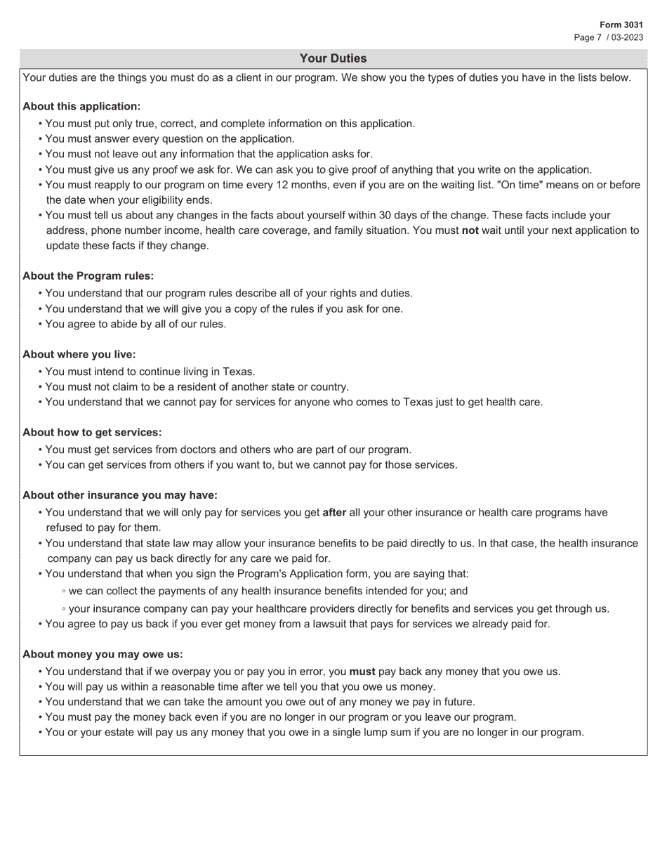 Form 3031 Children With Special Health Care Needs (Cshcn) Program Application - Texas, Page 7