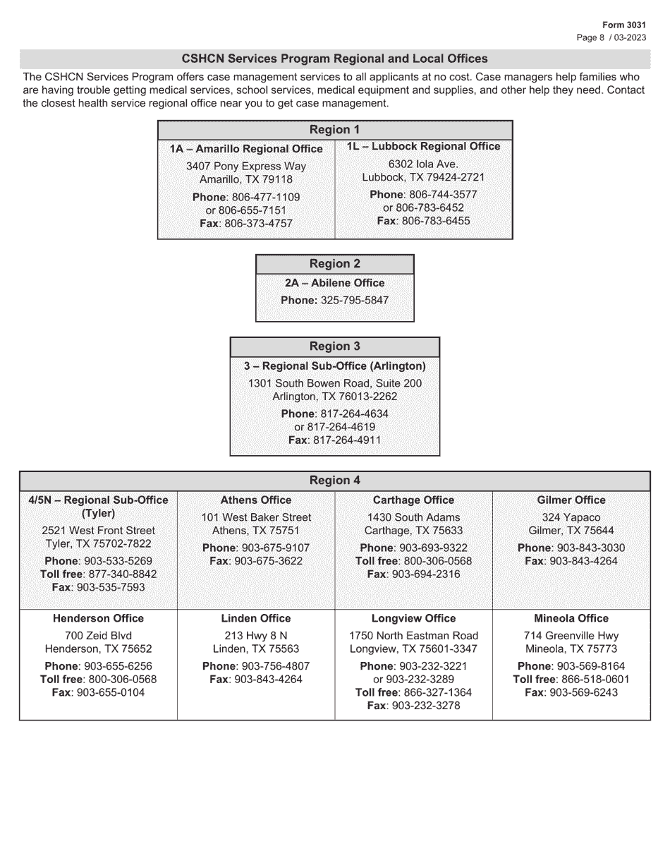 Form 3031 Children With Special Health Care Needs (Cshcn) Program Application - Texas, Page 8