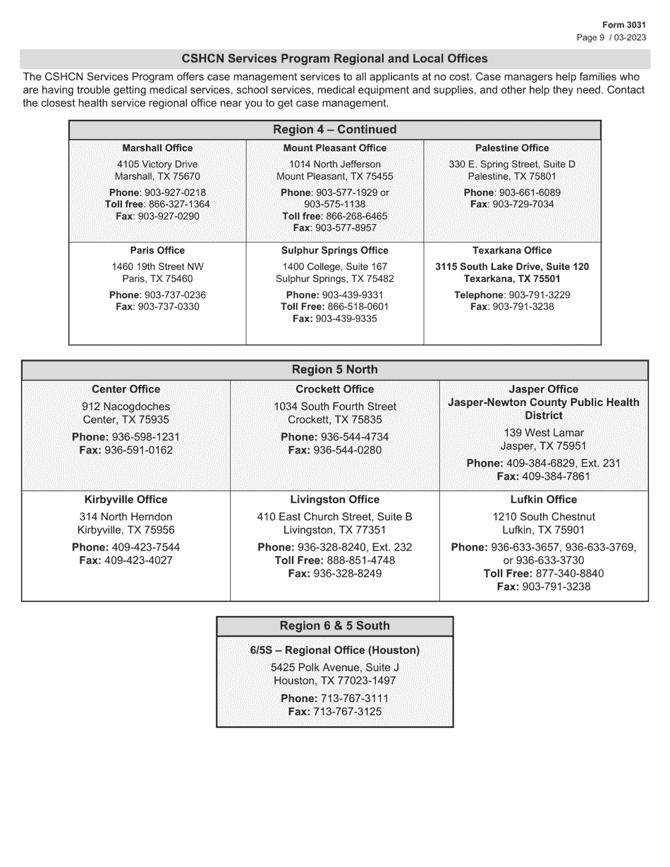 Form 3031 Children With Special Health Care Needs (Cshcn) Program Application - Texas, Page 9