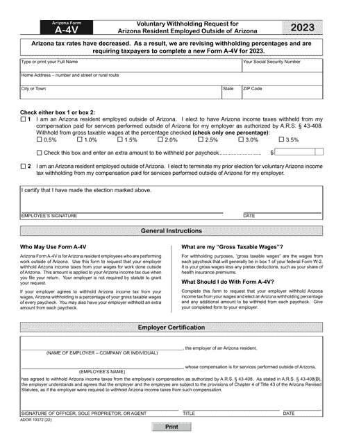 Arizona Form A-4V (ADOR10372) Voluntary Withholding Request for Arizona Resident Employed Outside of Arizona - Arizona, 2023