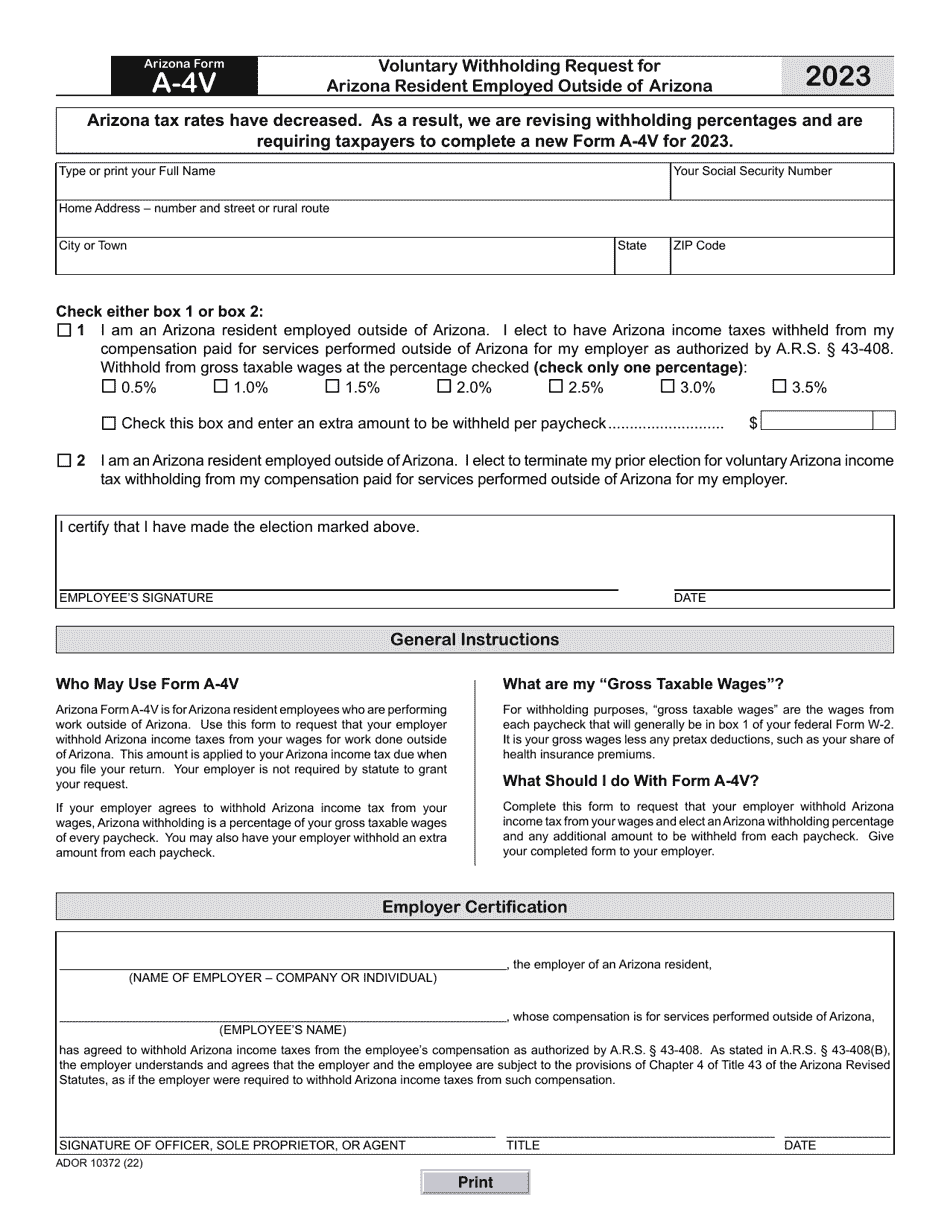 Arizona Form A-4V (ADOR10372) Voluntary Withholding Request for Arizona Resident Employed Outside of Arizona - Arizona, Page 1