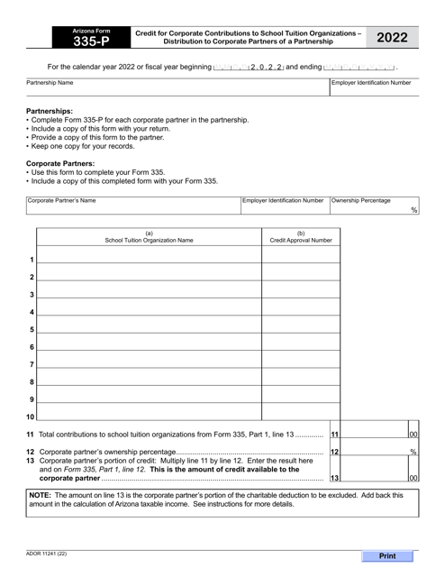Arizona Form 335-P (ADOR11241) 2022 Printable Pdf