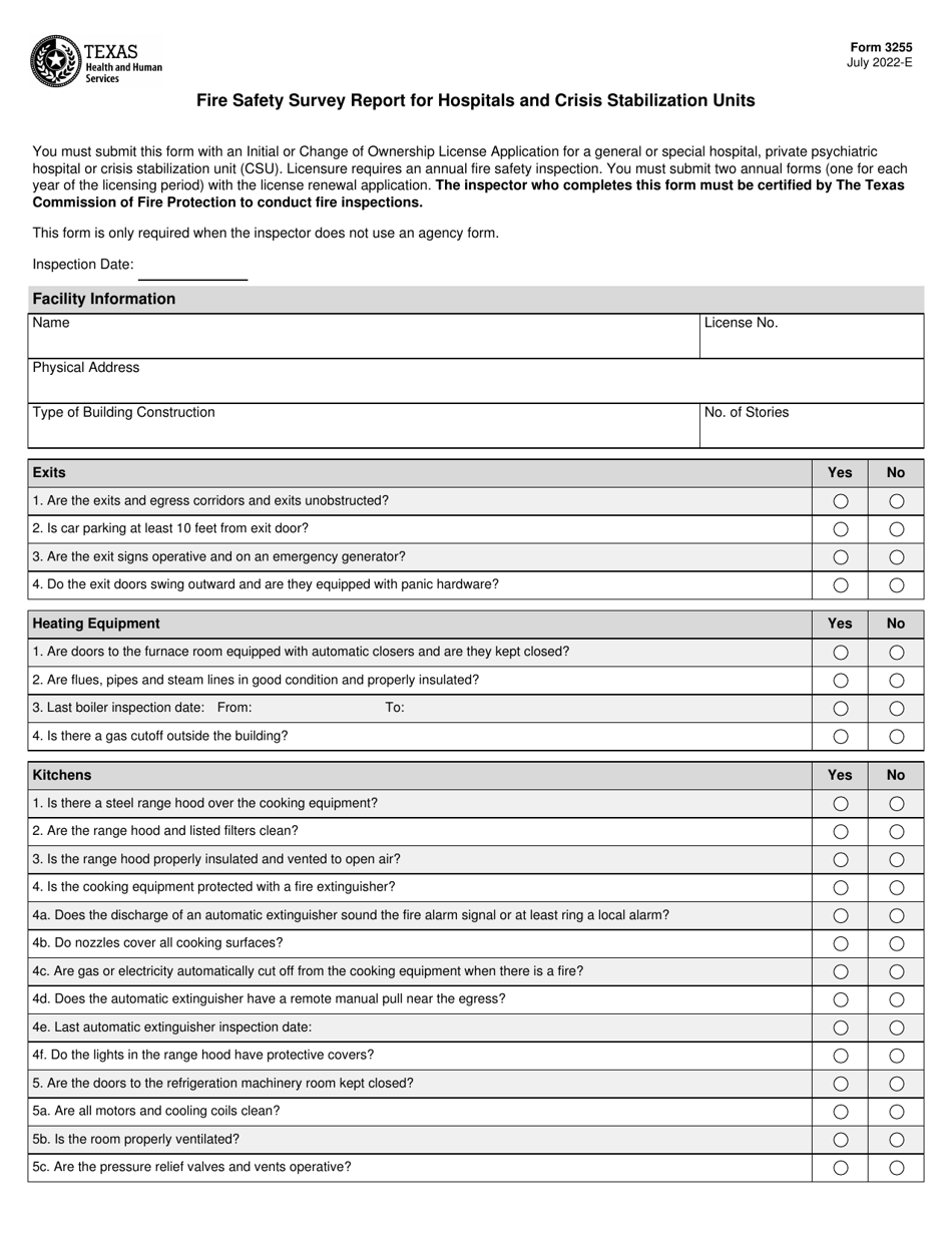 Form 3255 Fire Safety Survey Report for Hospitals and Crisis Stabilization Units - Texas, Page 1