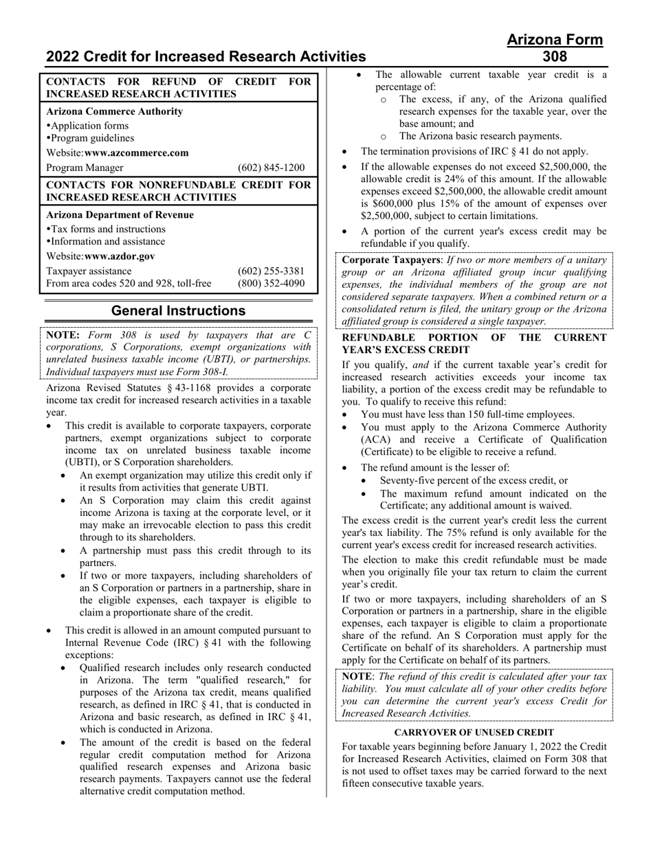 Instructions for Arizona Form 308, ADOR10135, Arizona Form 308-P, ADOR11271, Arizona Form 308-S, ADOR11272 - Arizona, Page 1