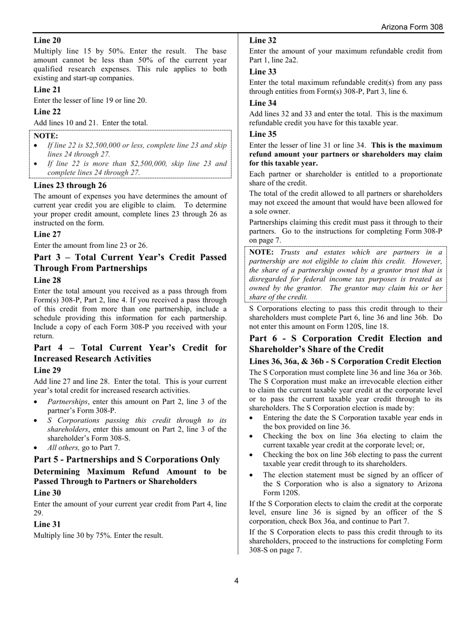 Instructions for Arizona Form 308, ADOR10135, Arizona Form 308-P, ADOR11271, Arizona Form 308-S, ADOR11272 - Arizona, Page 4