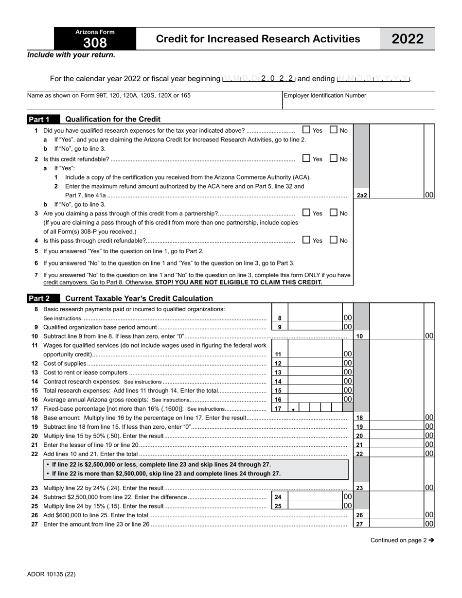 Arizona Form 308 (ADOR10135) Credit for Increased Research Activities - Arizona, Page 1