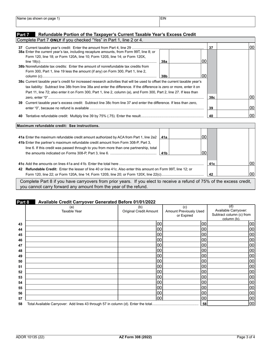 Arizona Form 308 (ADOR10135) Credit for Increased Research Activities - Arizona, Page 3
