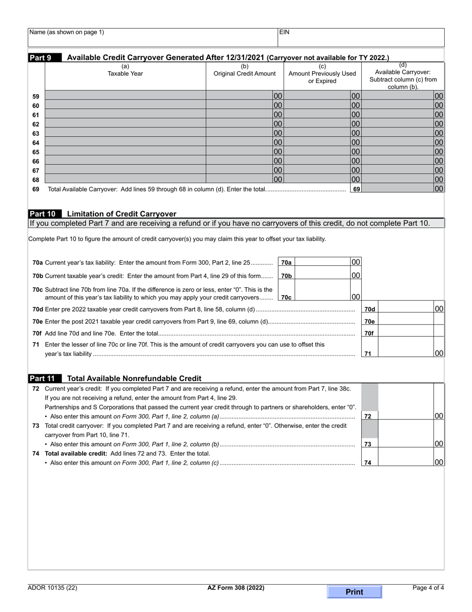 Arizona Form 308 (ADOR10135) Credit for Increased Research Activities - Arizona, Page 4