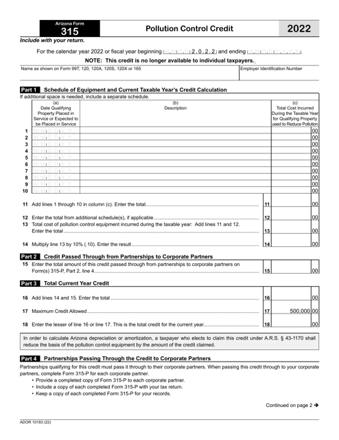Arizona Form 315 (ADOR10183) Pollution Control Credit - Arizona, 2022