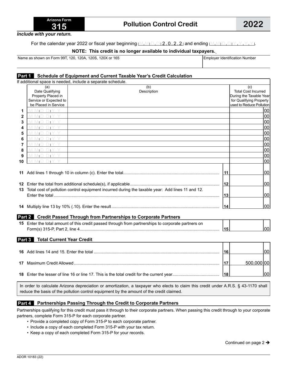 Arizona Form 315 (ADOR10183) Pollution Control Credit - Arizona, Page 1