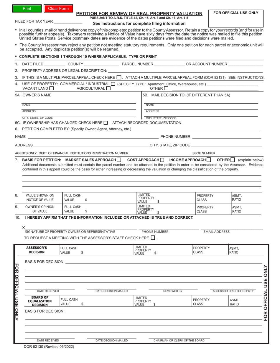 Form DOR82130 Petition for Review of Real Property Valuation - Arizona, Page 3