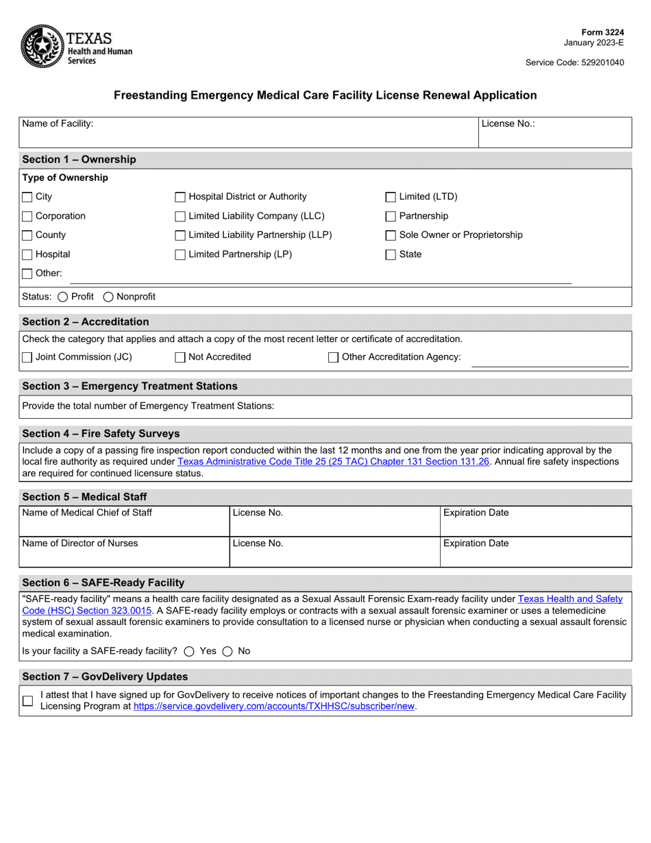 Form 3224 Freestanding Emergency Medical Care Facility License Renewal Application - Texas, Page 1