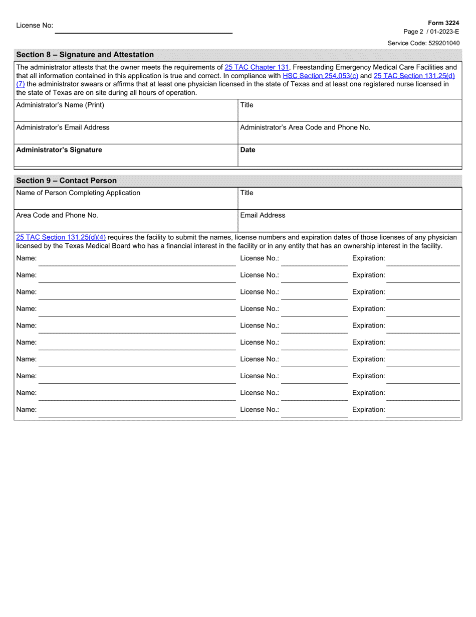 Form 3224 Freestanding Emergency Medical Care Facility License Renewal Application - Texas, Page 2