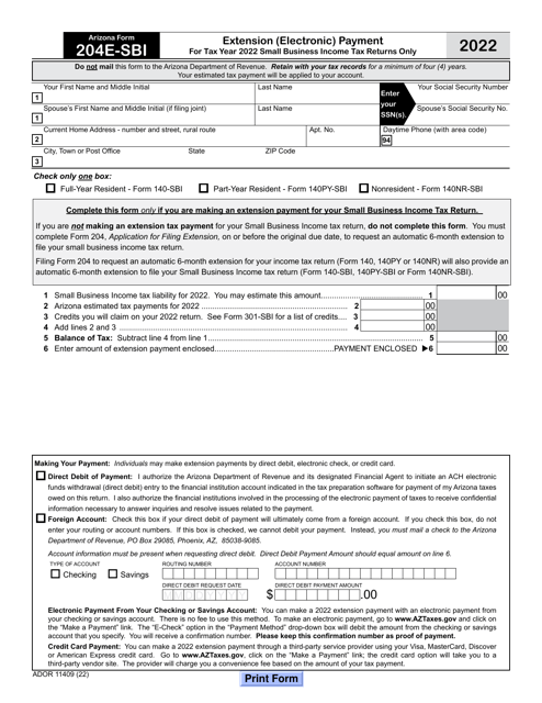 Arizona Form 204E-SBI (ADOR11409) Extension (Electronic) Payment - Small Business Income Tax Returns Only - Arizona, 2022