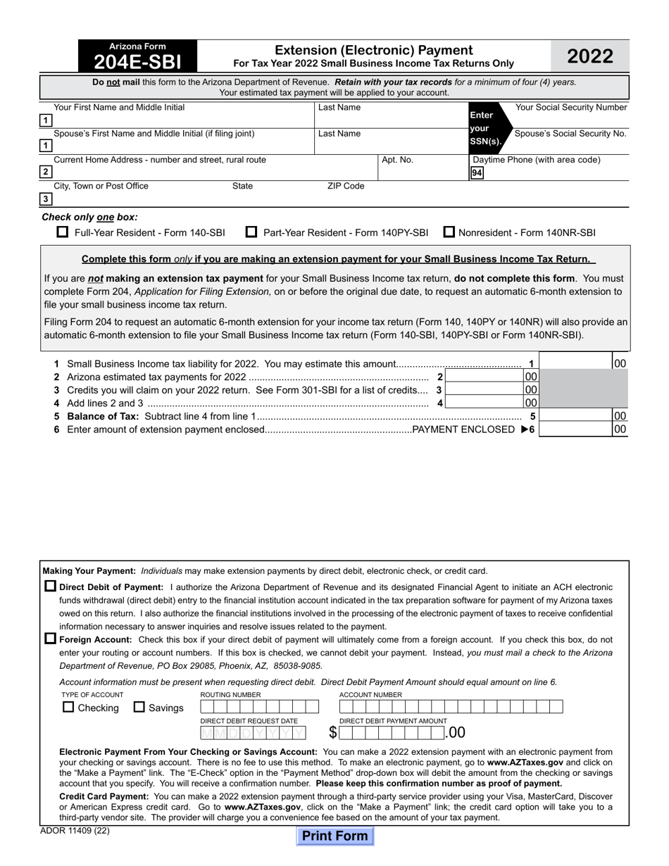 Arizona Form 204E-SBI (ADOR11409) Extension (Electronic) Payment - Small Business Income Tax Returns Only - Arizona, Page 1
