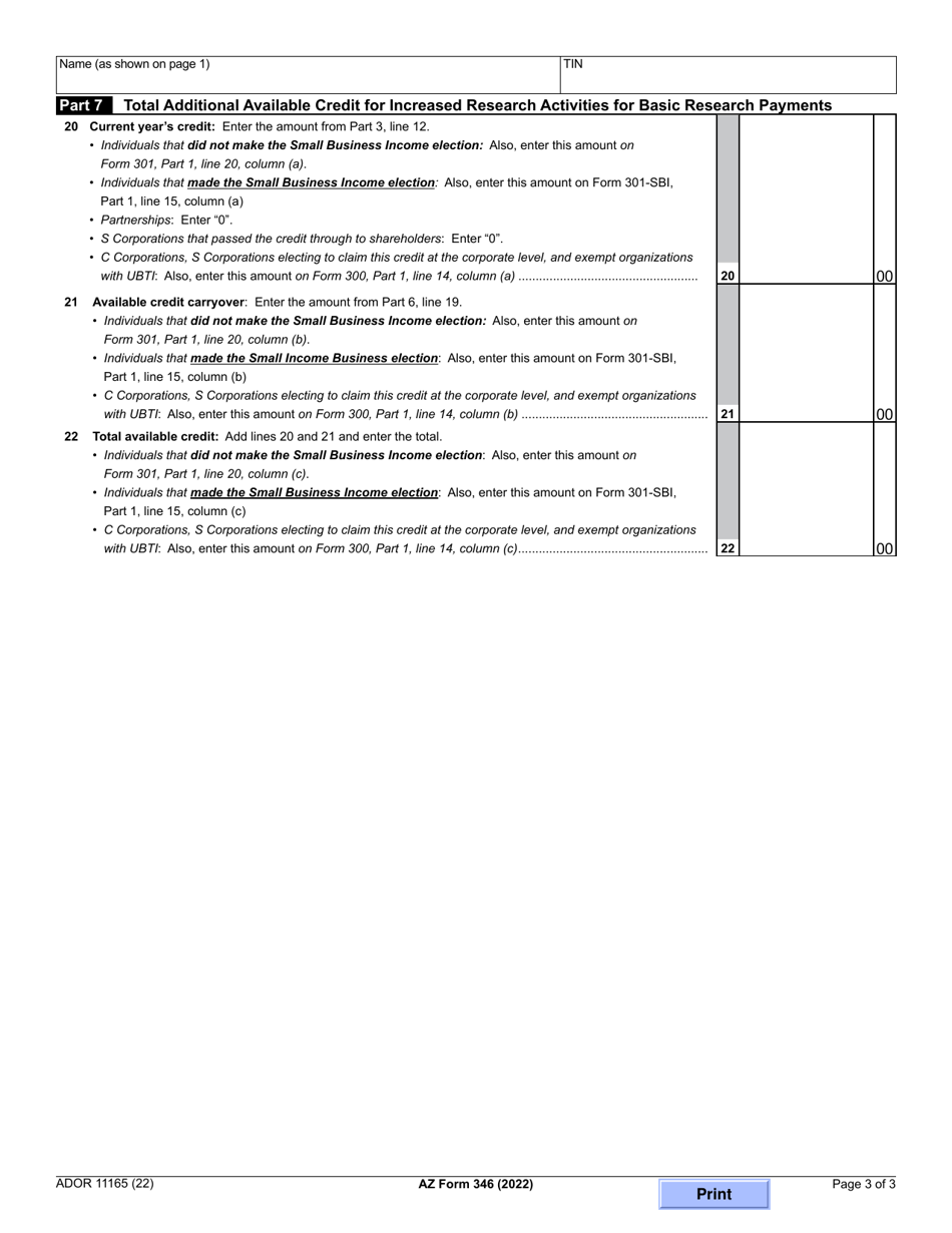 Arizona Form 346 (ADOR11165) Additional Credit for Increased Research Activities for Basic Research Payments - Arizona, Page 3