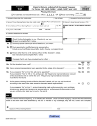 Document preview: Arizona Form 131 (ADOR10412) Claim for Refund on Behalf of Deceased Taxpayer for Forms 140, 140a, 140ez, 140nr, 140py and 140x - Arizona, 2022
