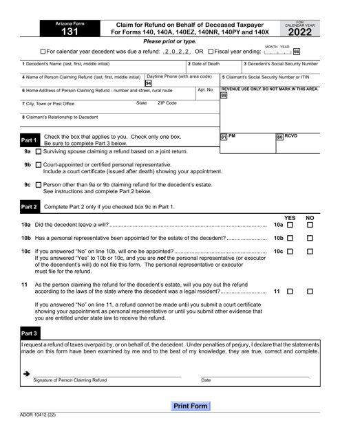 Arizona Form 131 (ADOR10412) 2022 Printable Pdf