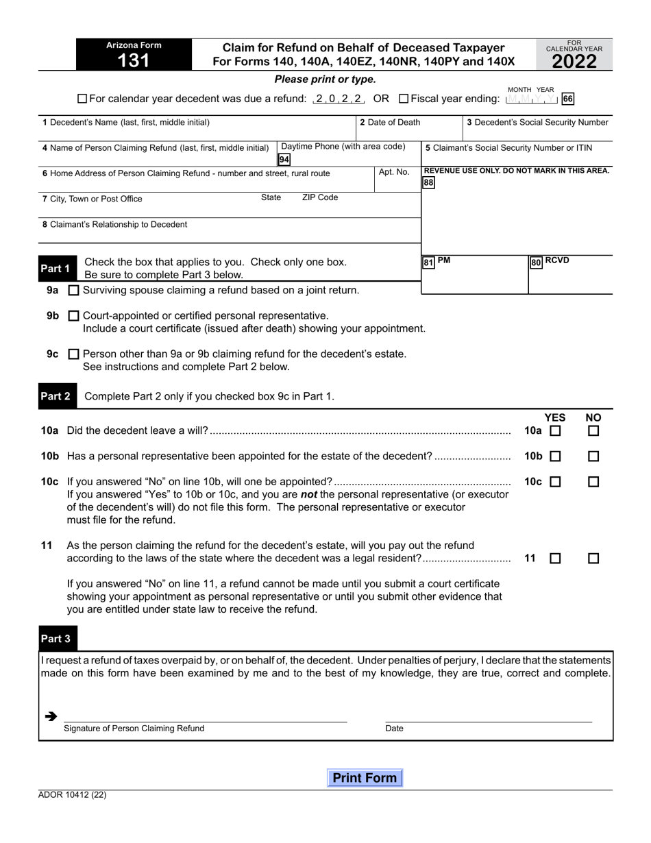 Arizona Form 131 (ADOR10412) Claim for Refund on Behalf of Deceased Taxpayer for Forms 140, 140a, 140ez, 140nr, 140py and 140x - Arizona, Page 1