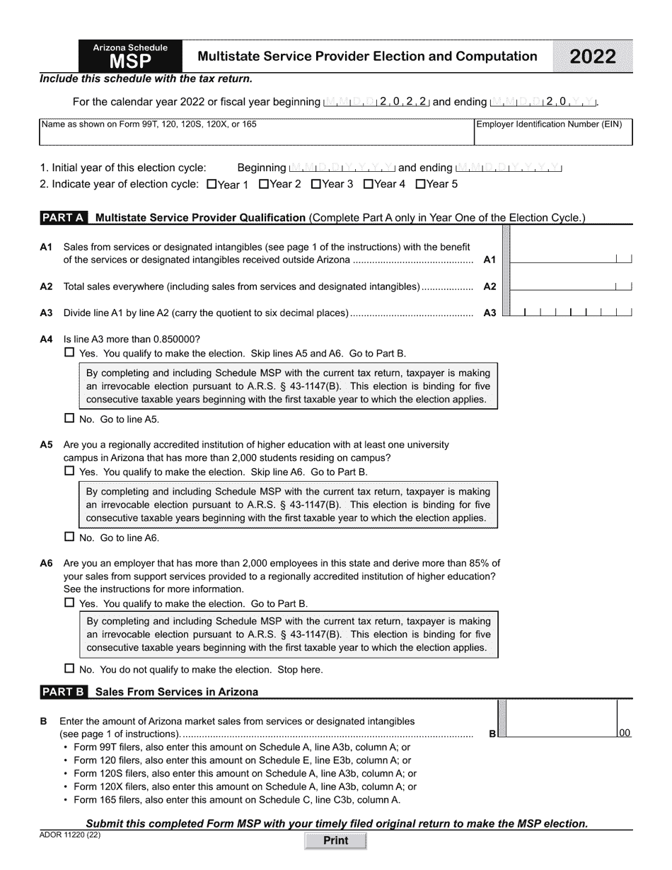 Form ADOR11220 Schedule MSP Multistate Service Provider Election and Computation - Arizona, Page 1