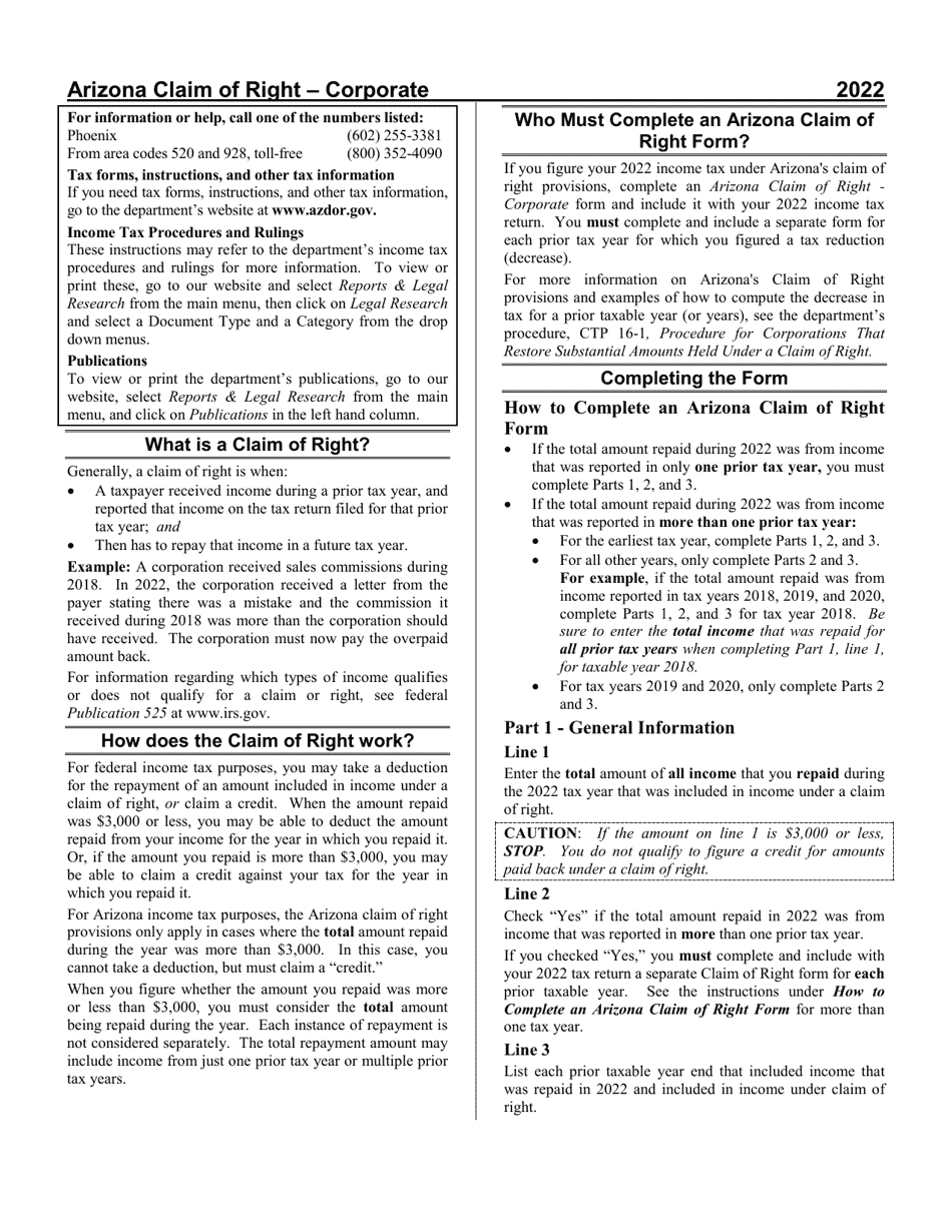 Download Instructions for Arizona Form CLAIM OF RIGHT CORPORATE