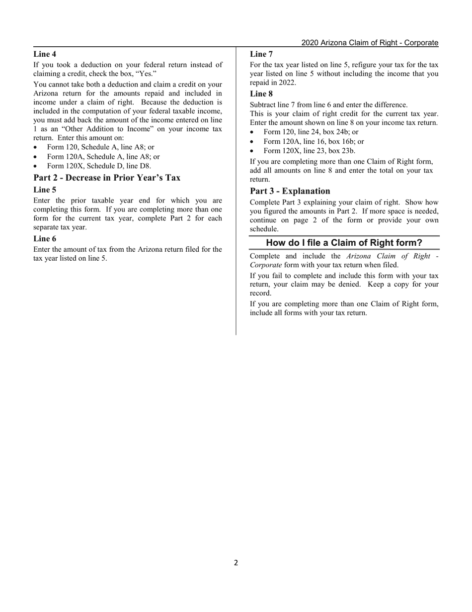 Instructions for Arizona Form CLAIM OF RIGHT - CORPORATE, ADOR11289 Restoration of a Substantial Amount Held Under Claim of Right - Corporate - Arizona, Page 2