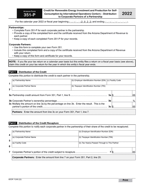 Arizona Form 351-P (ADOR11248) 2022 Printable Pdf