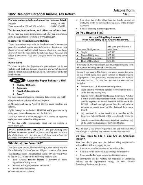Instructions for Arizona Form 140, ADOR10413 Resident Personal Income Tax Form - Arizona, 2022