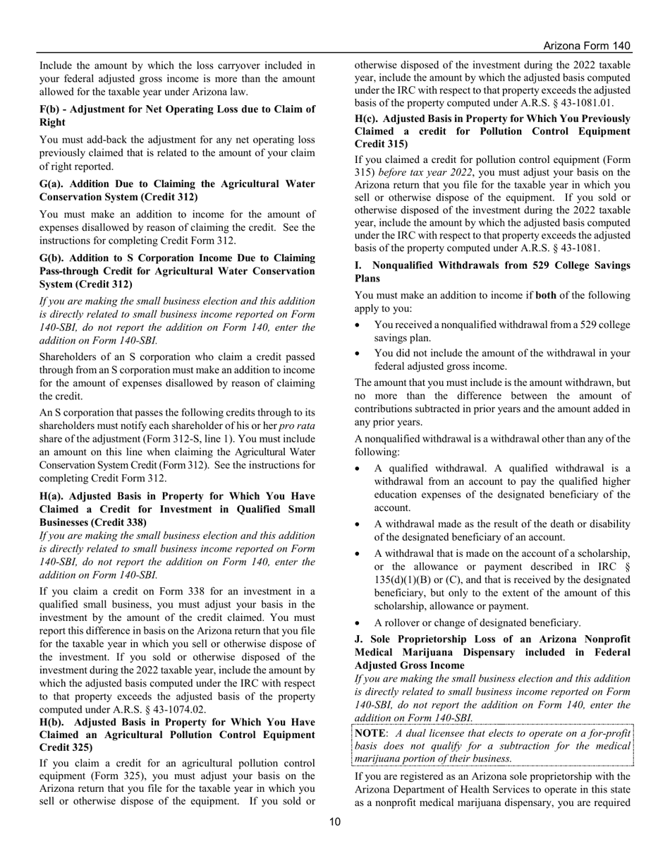 Instructions for Arizona Form 140, ADOR10413 Resident Personal Income Tax Form - Arizona, Page 10